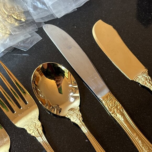 Northcraft 10K Gold Plated Flatware Set Roses Japan 44 Pcs Forks Spoons Knives - Picture 6 of 9